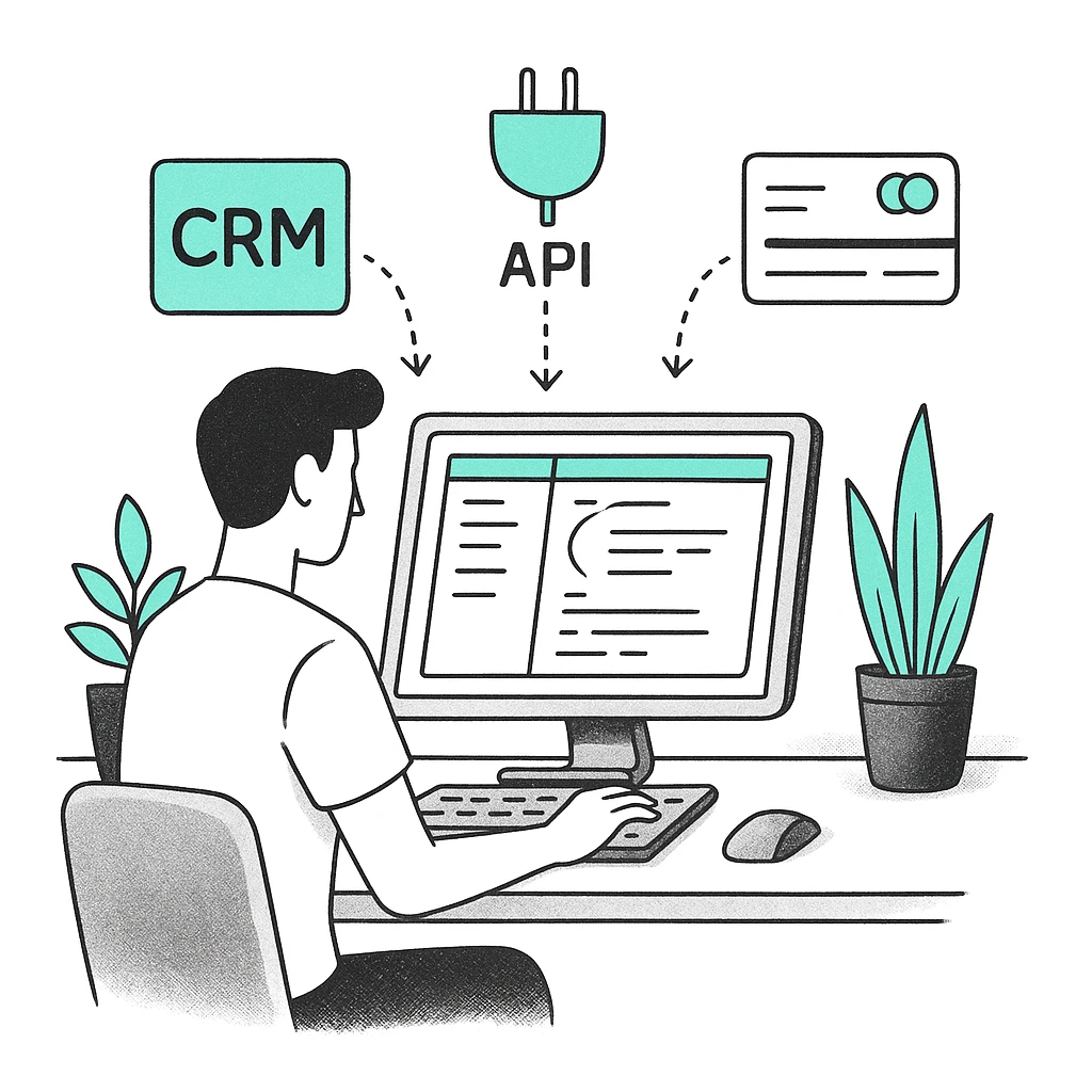 אדם יושב מול מחשב, עובד עם תוכנה על קישור בין CRM ל-API, עם צמחי בית בסביבה.