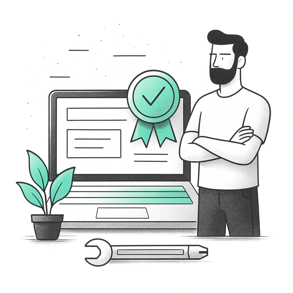 גבר עומד ליד מחשב נייד עם סימן אישור, צמח קטן ומפתח שישה צדדים.