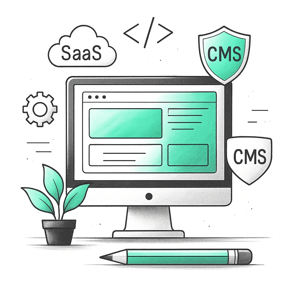 מסך מחשב עם ממשק אתר, סמלים של SaaS, CMS וגלגל שיניים, ולצידו צמח במיכל ועט ירוק.
