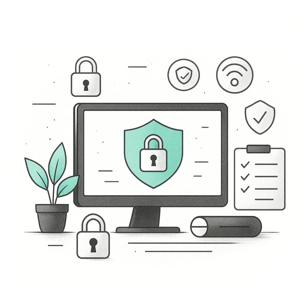 מחשב עם סמל מאבטח, מנעולים, צמחים, ותמונה של רשימת משימות.