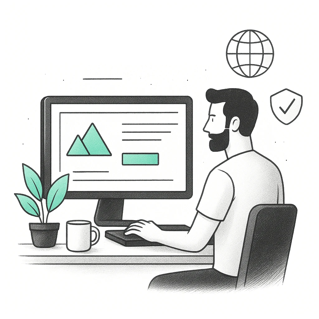 גבר יושב מול מחשב נייד עם מסך המראה גרפיקה של משולשים וכפתור, לידו כוס קפה ובסיס צמח.